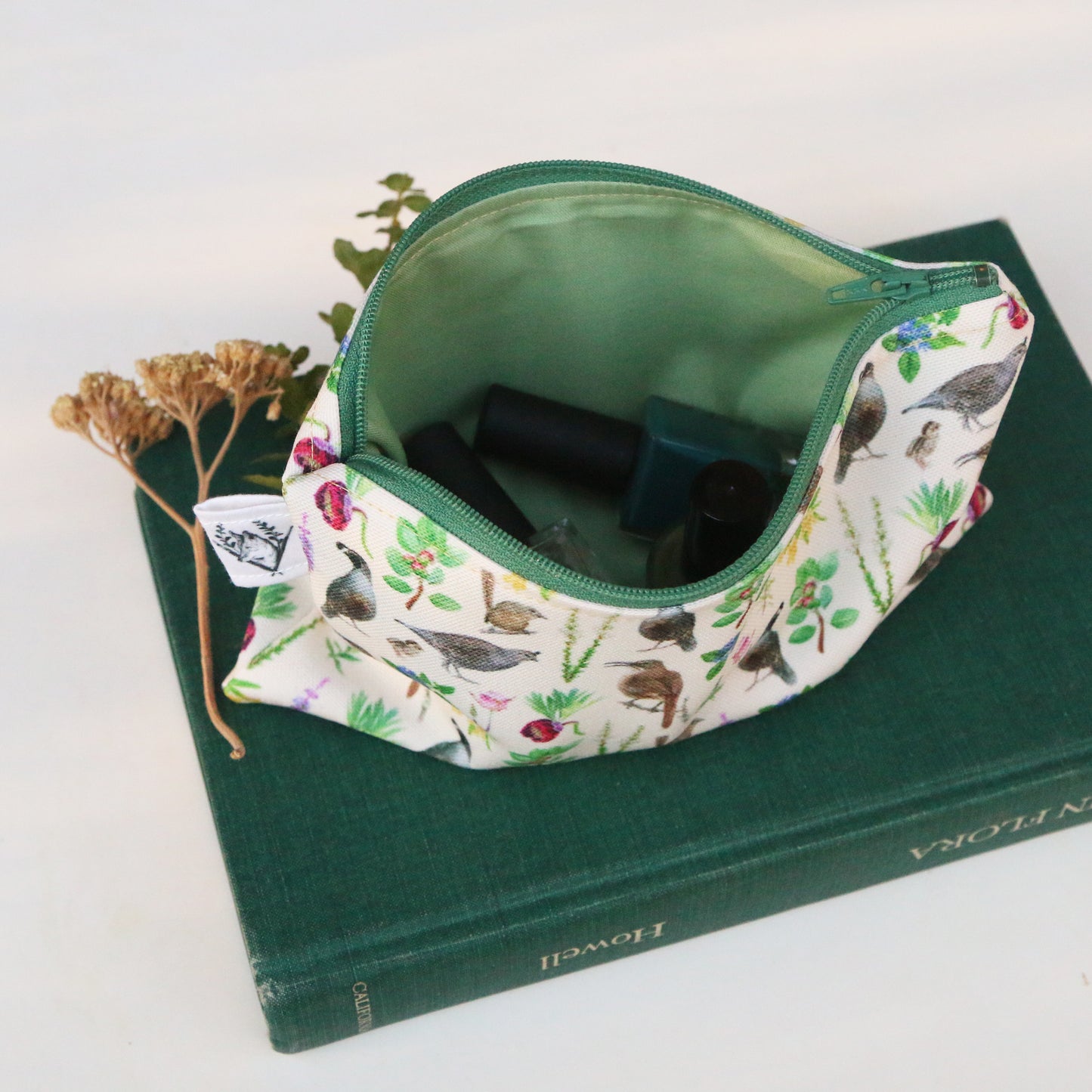 Medium Chaparral Birds and Plants Zipper Pouch - Travel Organizer Bag, Flat Purse