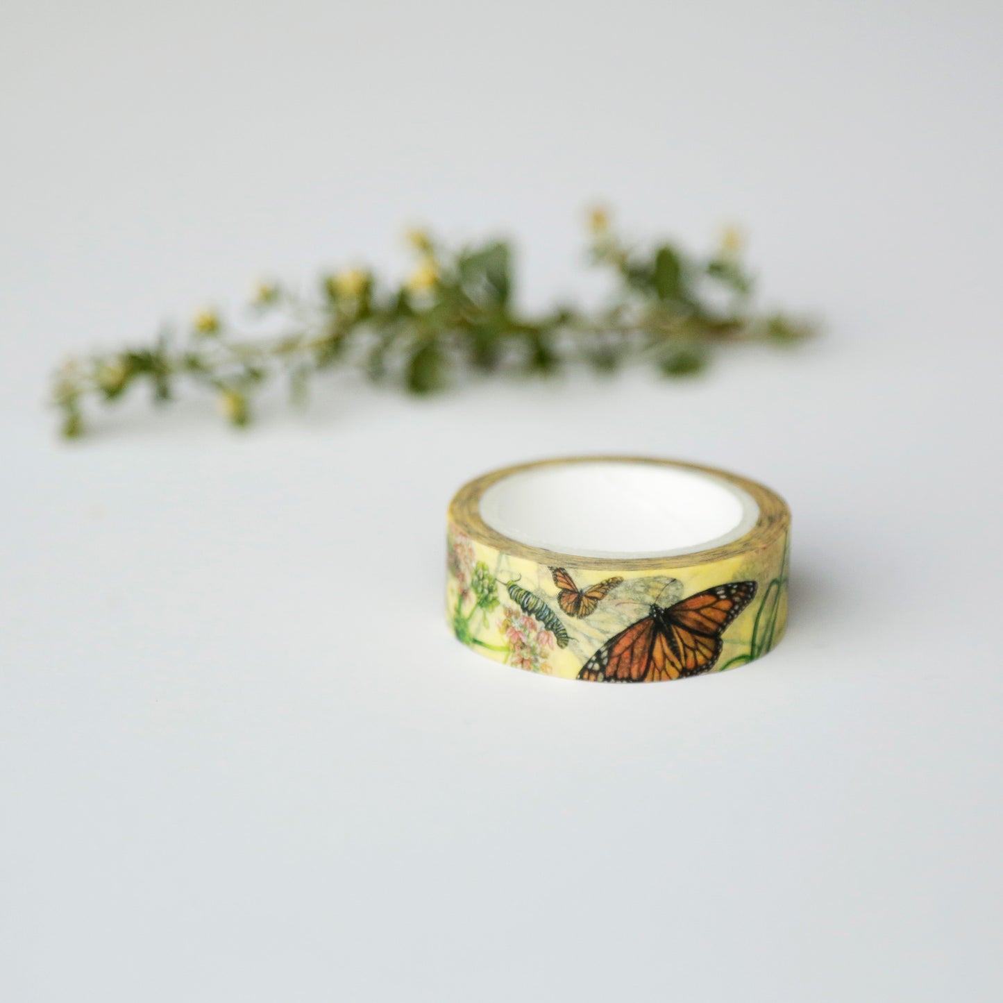 Roll of pale yellow tape printed with monarch butterflies.