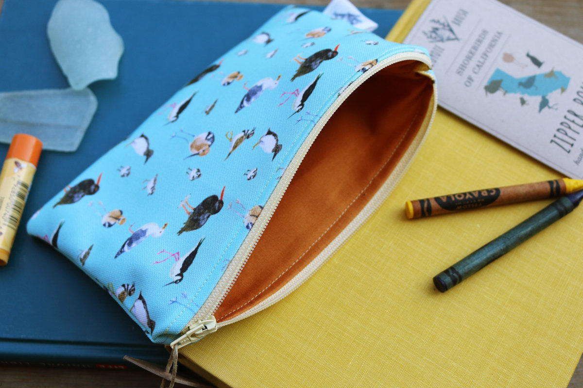 Medium Blue Shorebirds & Friends Zipper Pouch - Travel Organizer Bag, Flat Purse