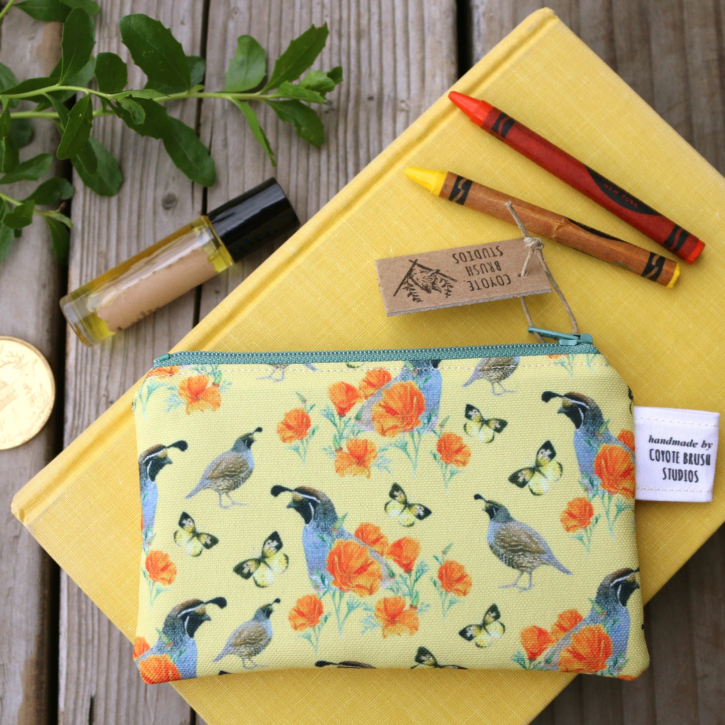 Small California Poppy & Quail Zipper Pouch - Coin Size Organizer Bag