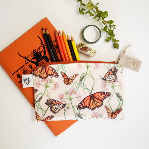 Load image 1 in gallery view. Medium Monarchs and Milkweed Zipper Pouch - Travel Organizer Bag, Flat Purse