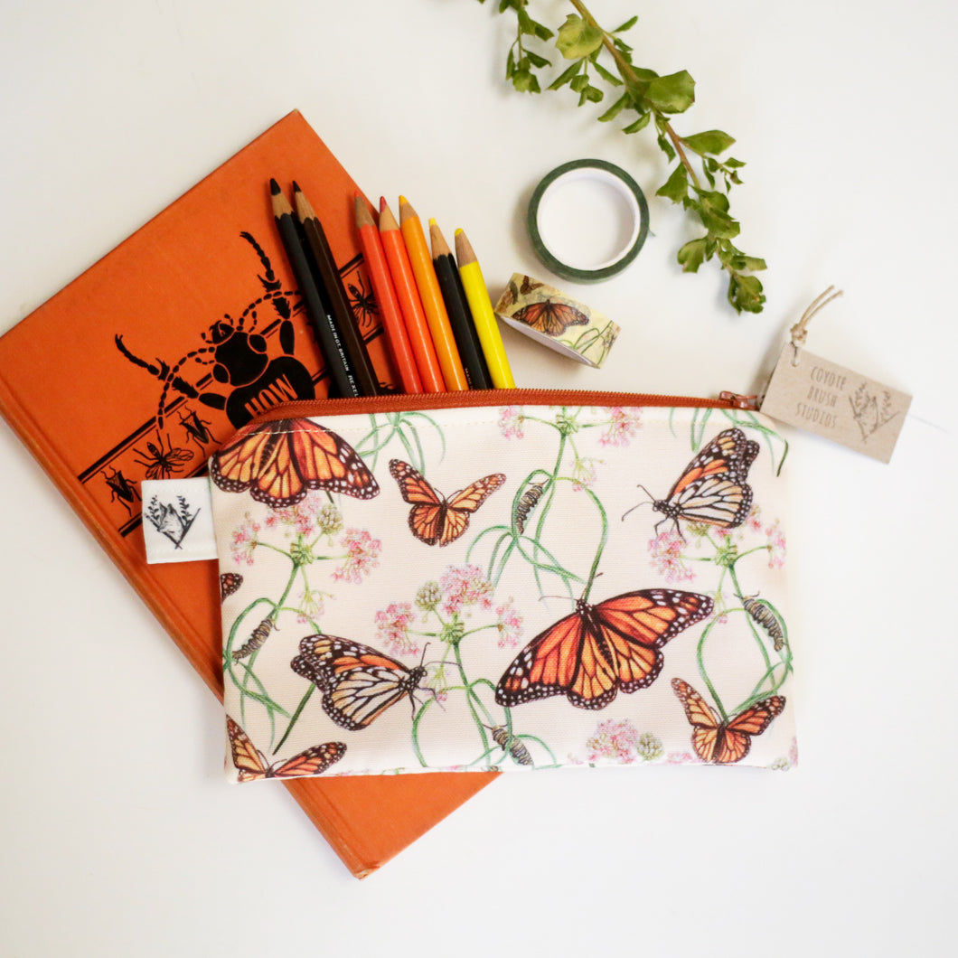 Monarchs and Milkweed Zipper Pouch - Watercolor Illustration, Travel Organizer Bag, Flat Purse, Pencil Case