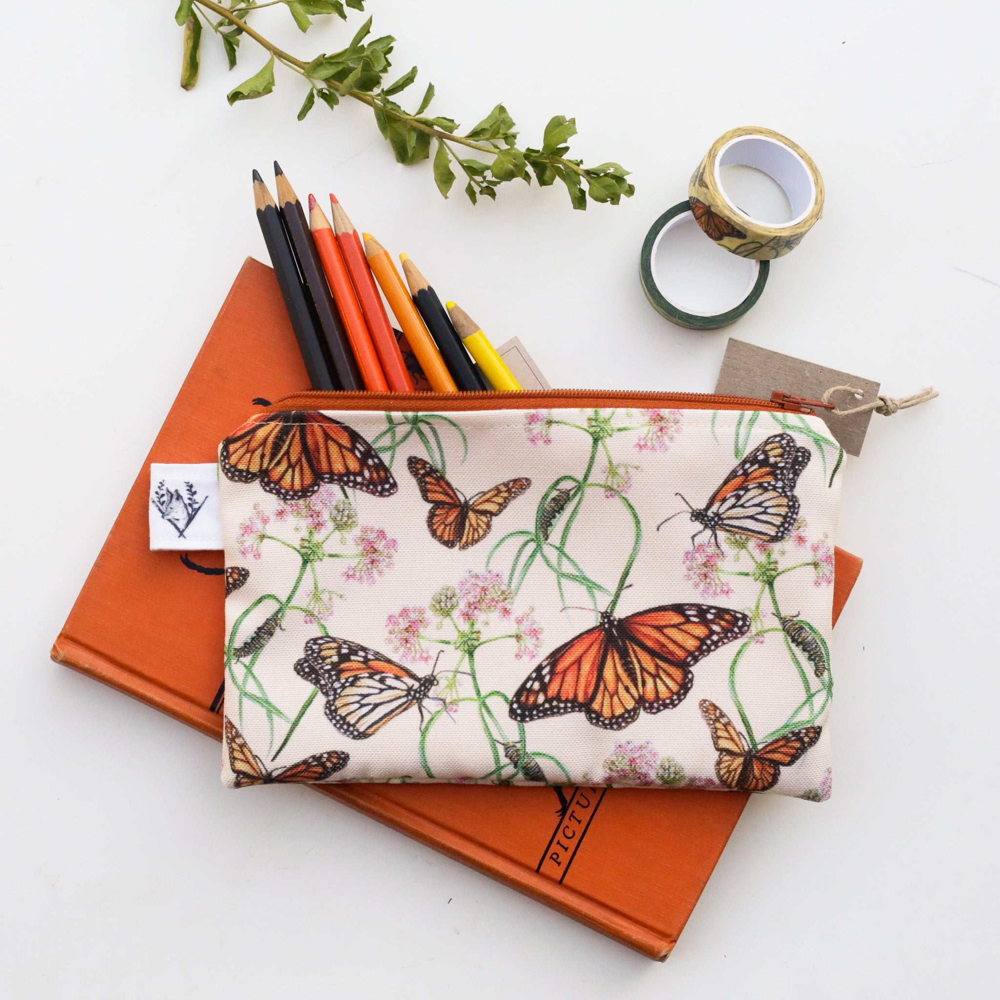 Medium Monarchs and Milkweed Zipper Pouch - Travel Organizer Bag, Flat Purse