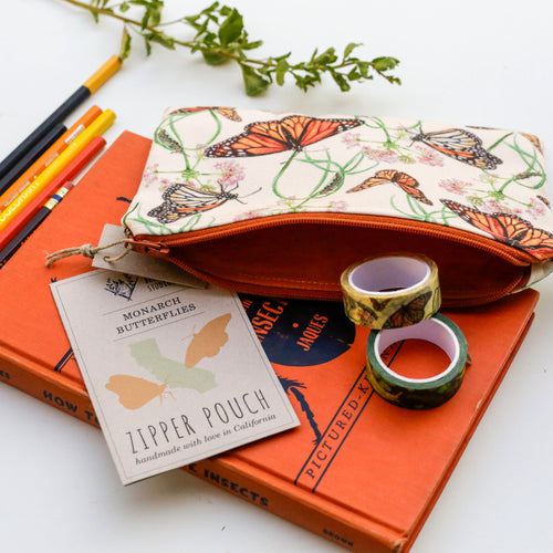Load image 1 in gallery view. Medium Monarchs and Milkweed Zipper Pouch - Travel Organizer Bag, Flat Purse