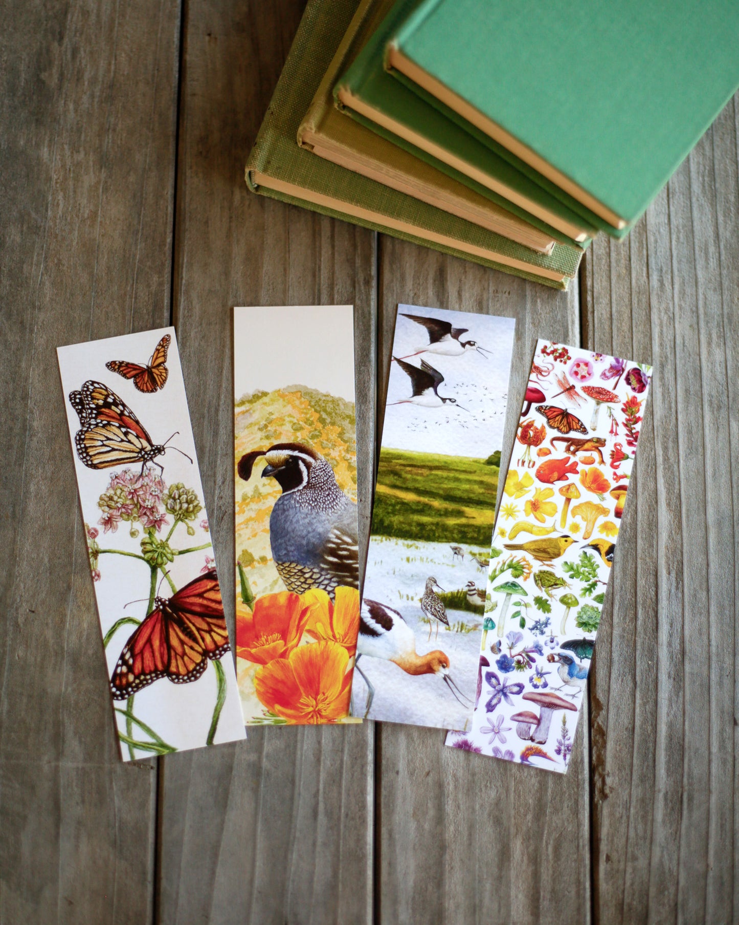 Collection of four bookmarks, monarchs, poppy and quail, vernal pool birds, and California diversity. 