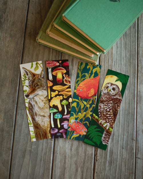 Load image 1 in gallery view. Set of four bookmarks, coyote, mushrooms, garibaldi, and spotted owl.