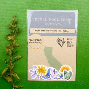 Vernal Pool Flora, Eight Vinyl Stickers: Downingia, Goldfield, Monkeyflower, Stickyseed, Woolly Marble, Brodiaea