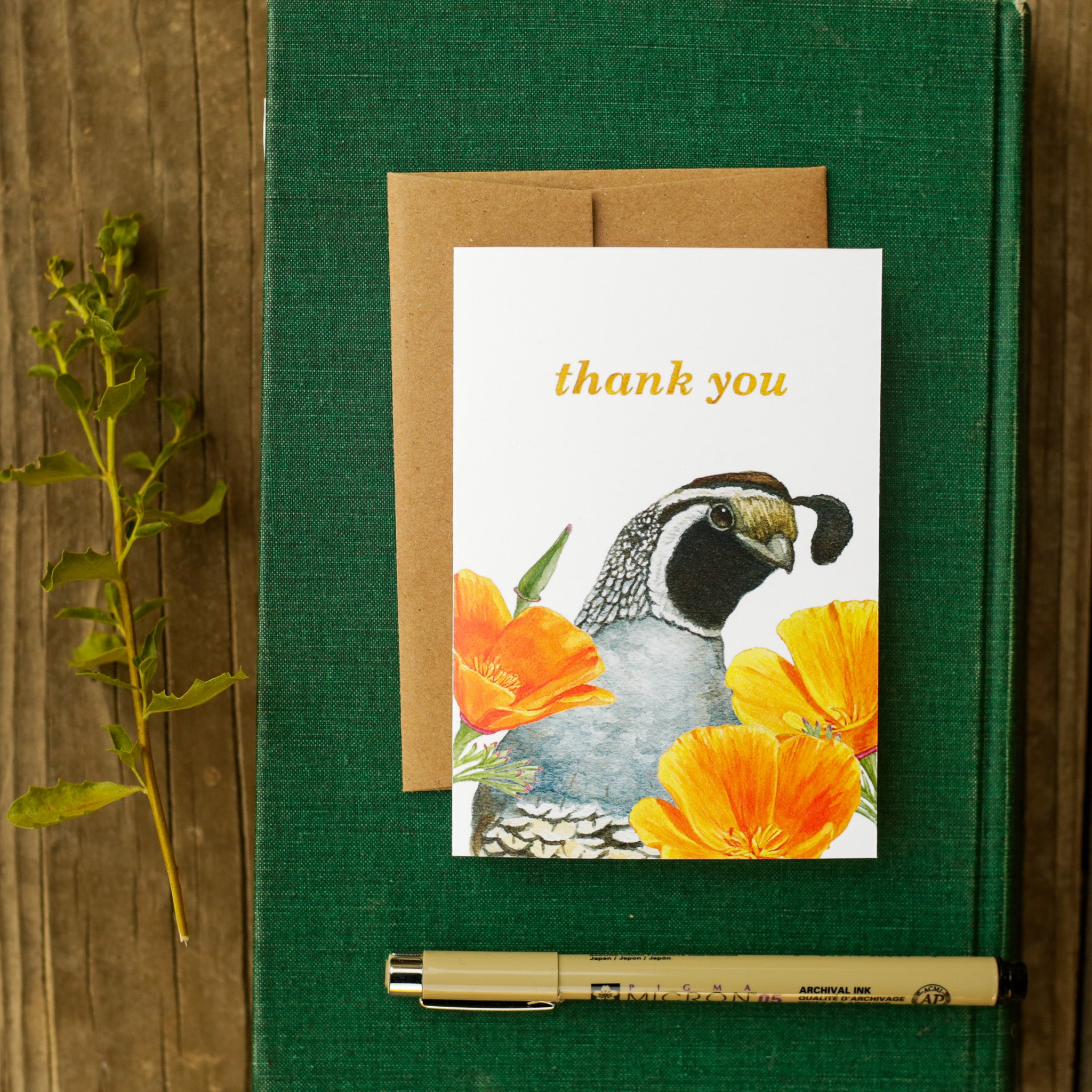 Quail and Poppy Thank You Card