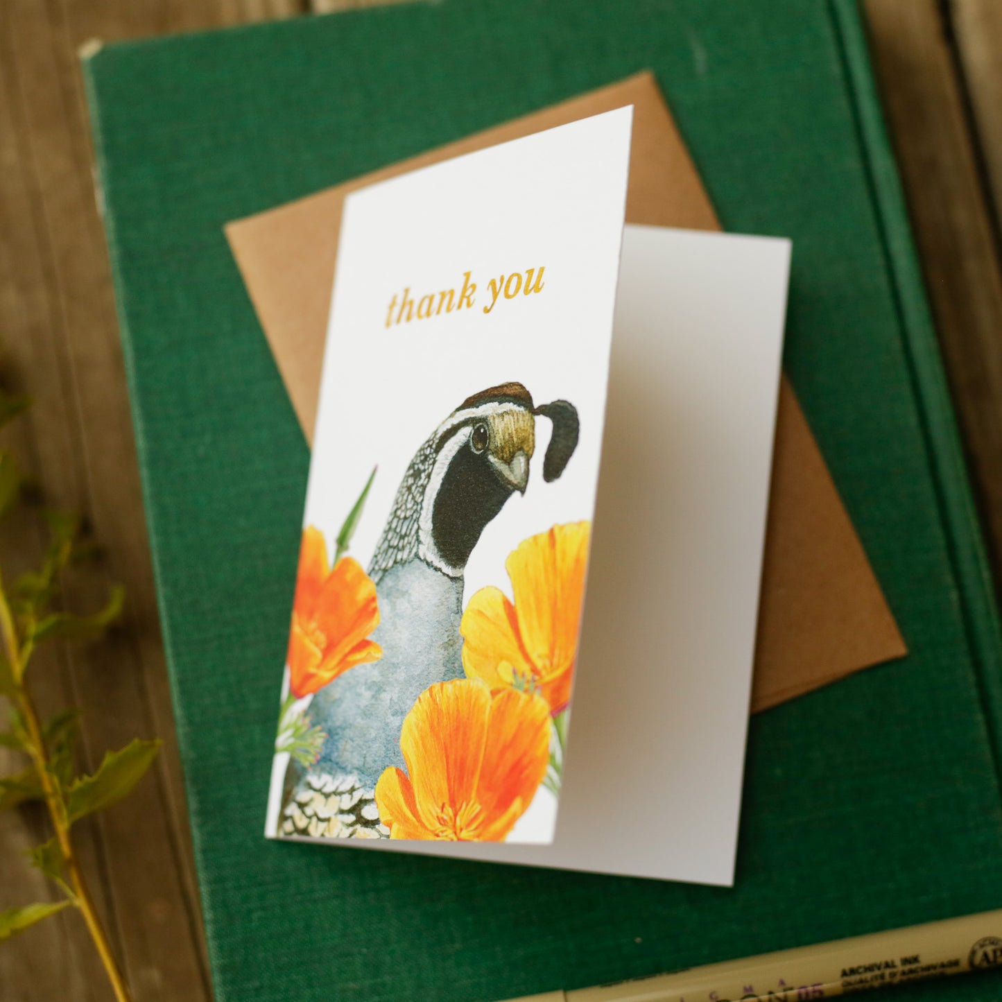 Quail and Poppy Thank You Card