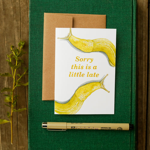Load image 1 in gallery view. Sorry This Is A Little Late - Banana Slug Belated Card