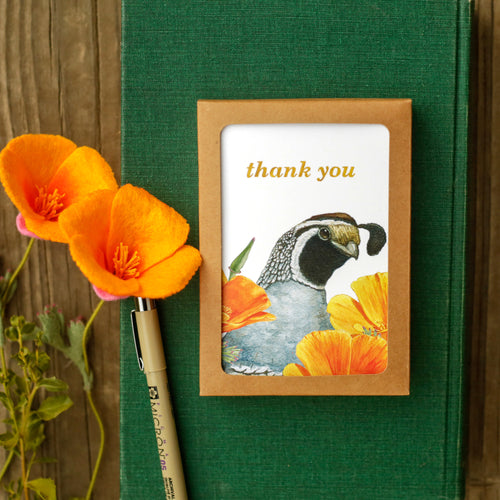 Set of 8 Quail and Poppy Thank You Cards