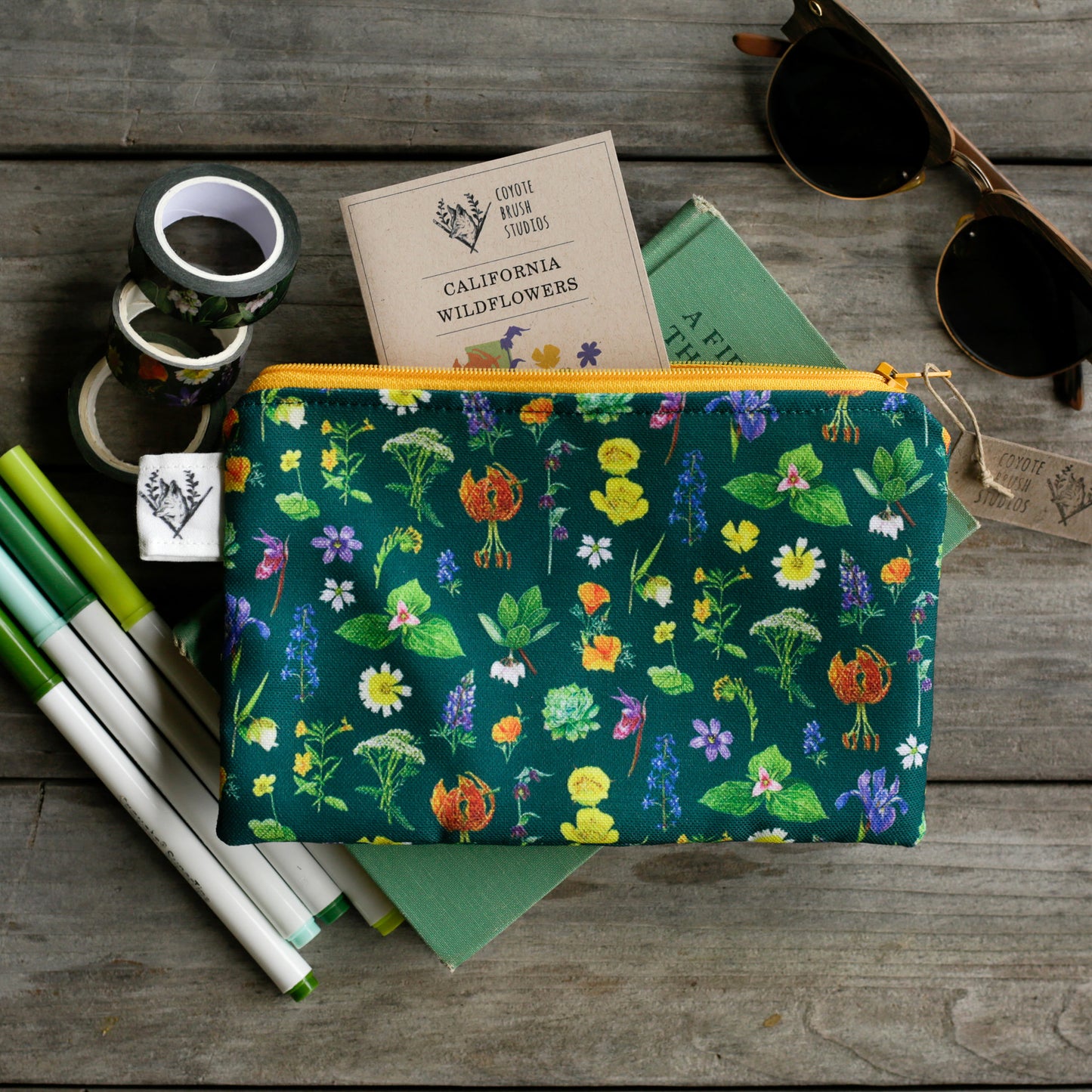 Medium California Wildflowers Zipper Pouch - Travel Organizer Bag, Flat Purse