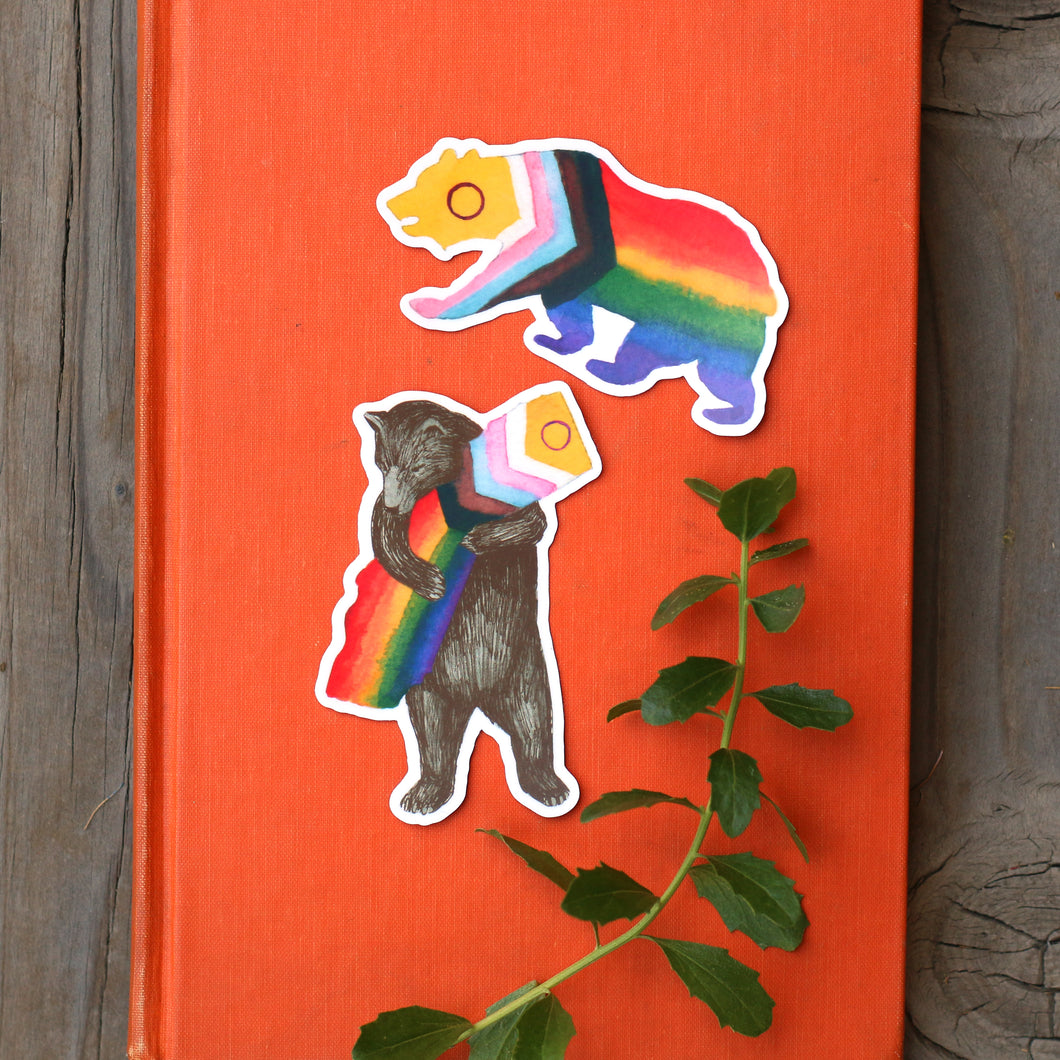 Progress Pride Rainbow LGBTQ CA Pride Sticker Set: Two Vinyl Rainbow Bear Stickers
