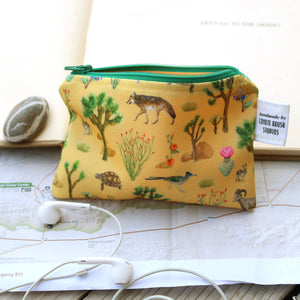 Small California Desert Zipper Pouch, Coin Zipper Pouch, Watercolor Botanical Illustration, Travel Organizer Bag, Flat Purse