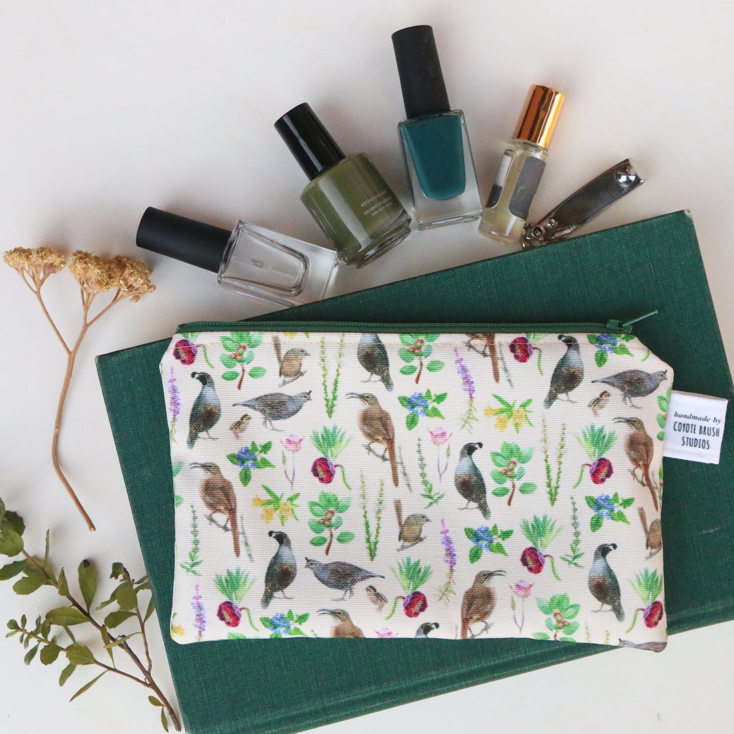 Medium Chaparral Birds and Plants Zipper Pouch - Travel Organizer Bag, Flat Purse