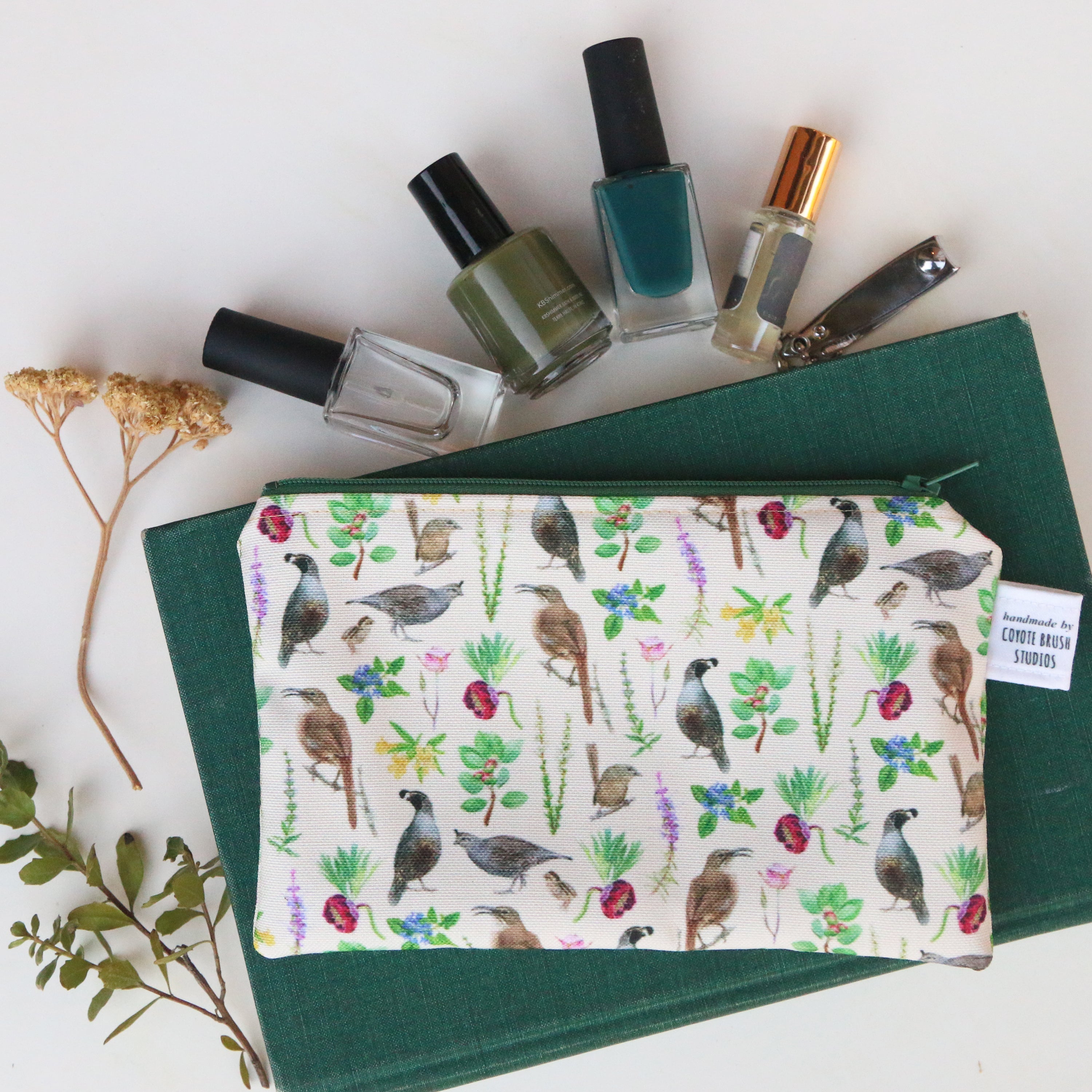 Medium Chaparral Birds and Plants Zipper Pouch - Travel Organizer Bag, Flat Purse