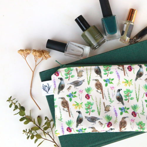 Load image 1 in gallery view. Medium Chaparral Birds and Plants Zipper Pouch - Travel Organizer Bag, Flat Purse