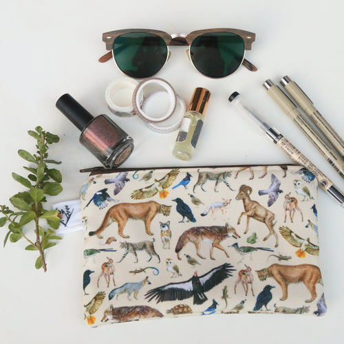 Load image 1 in gallery view. Medium California Wildlife Zipper Pouch - Travel Organizer Bag, Flat Purse