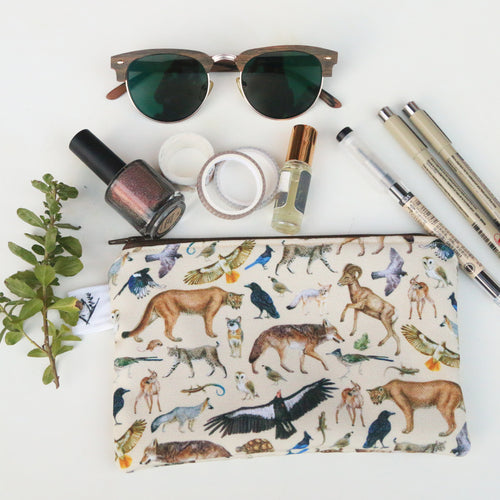 Load image 1 in gallery view. Medium California Wildlife Zipper Pouch - Travel Organizer Bag, Flat Purse