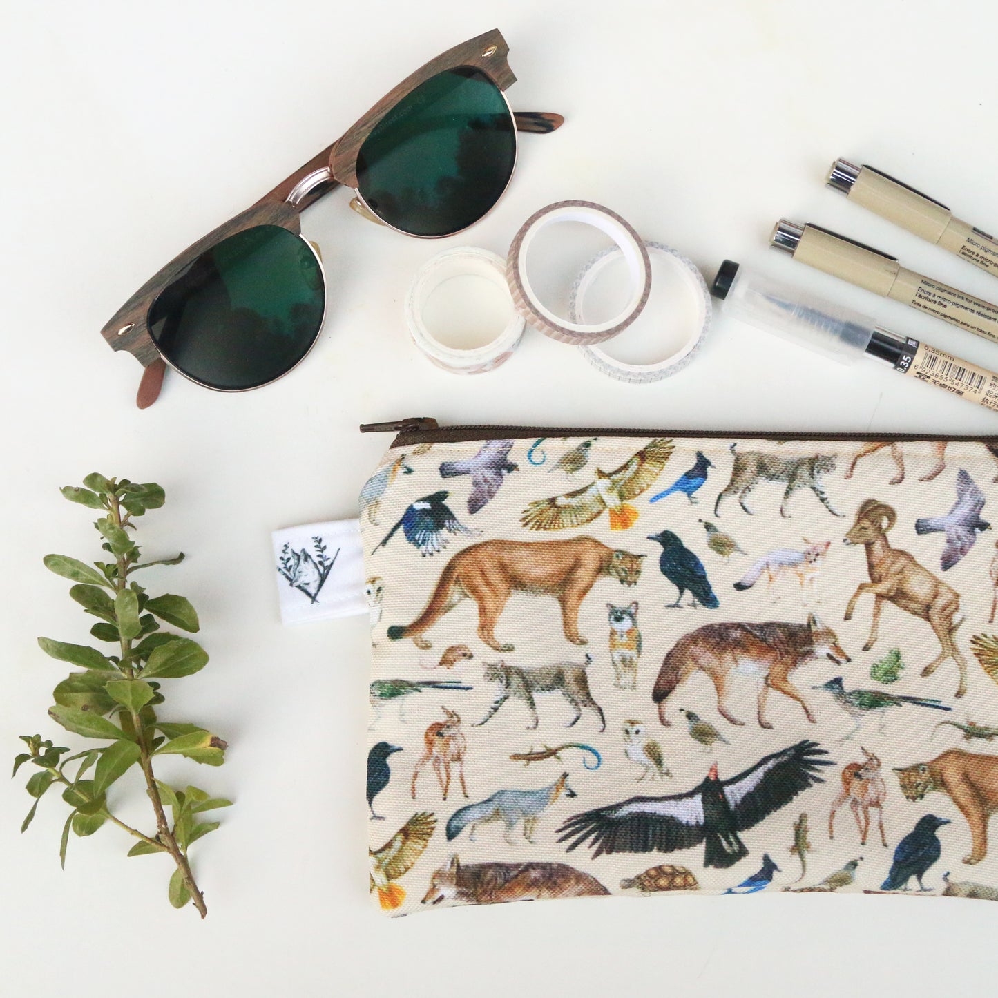 Medium California Wildlife Zipper Pouch - Travel Organizer Bag, Flat Purse