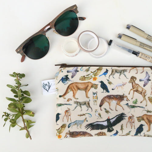 Load image 1 in gallery view. Medium California Wildlife Zipper Pouch - Travel Organizer Bag, Flat Purse