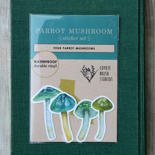 Load image 1 in gallery view. Parrot Waxcap Mushroom Vinyl Stickers: Hygrocybe psittacina