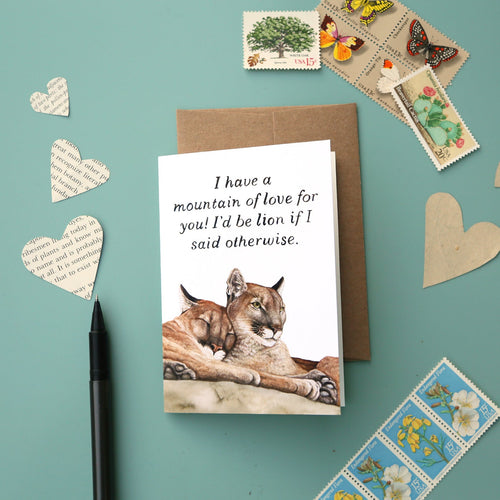 A Mountain of Love For You - greeting card, mountain lion, punny valentine's day card