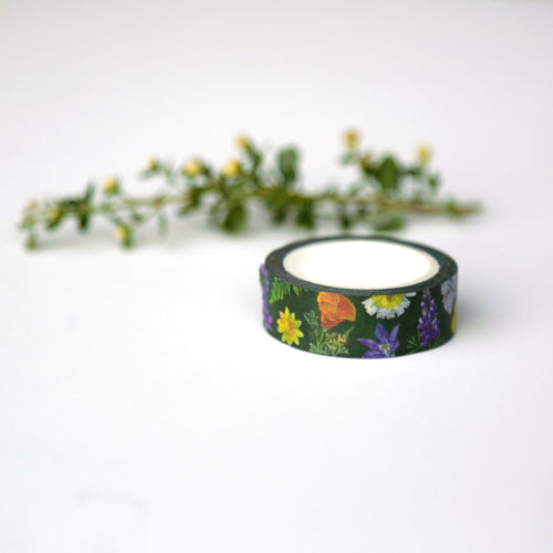 Load image 1 in gallery view. Roll of dark green tape printed with various native wildflowers.