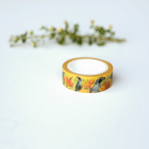 Load image 1 in gallery view. Roll of bright yellow tape printed with quails and poppies. 