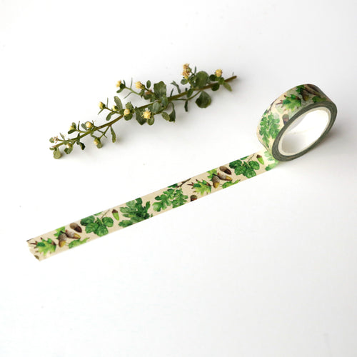 Load image 1 in gallery view. Tan tape unrolled to show various types of oak leaves and acorns printed on it. 