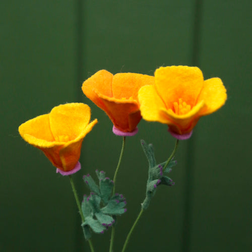 Load image 1 in gallery view. California Poppy Felt Flower - Eschscholzia californica - fiber sculpture, fabric flower