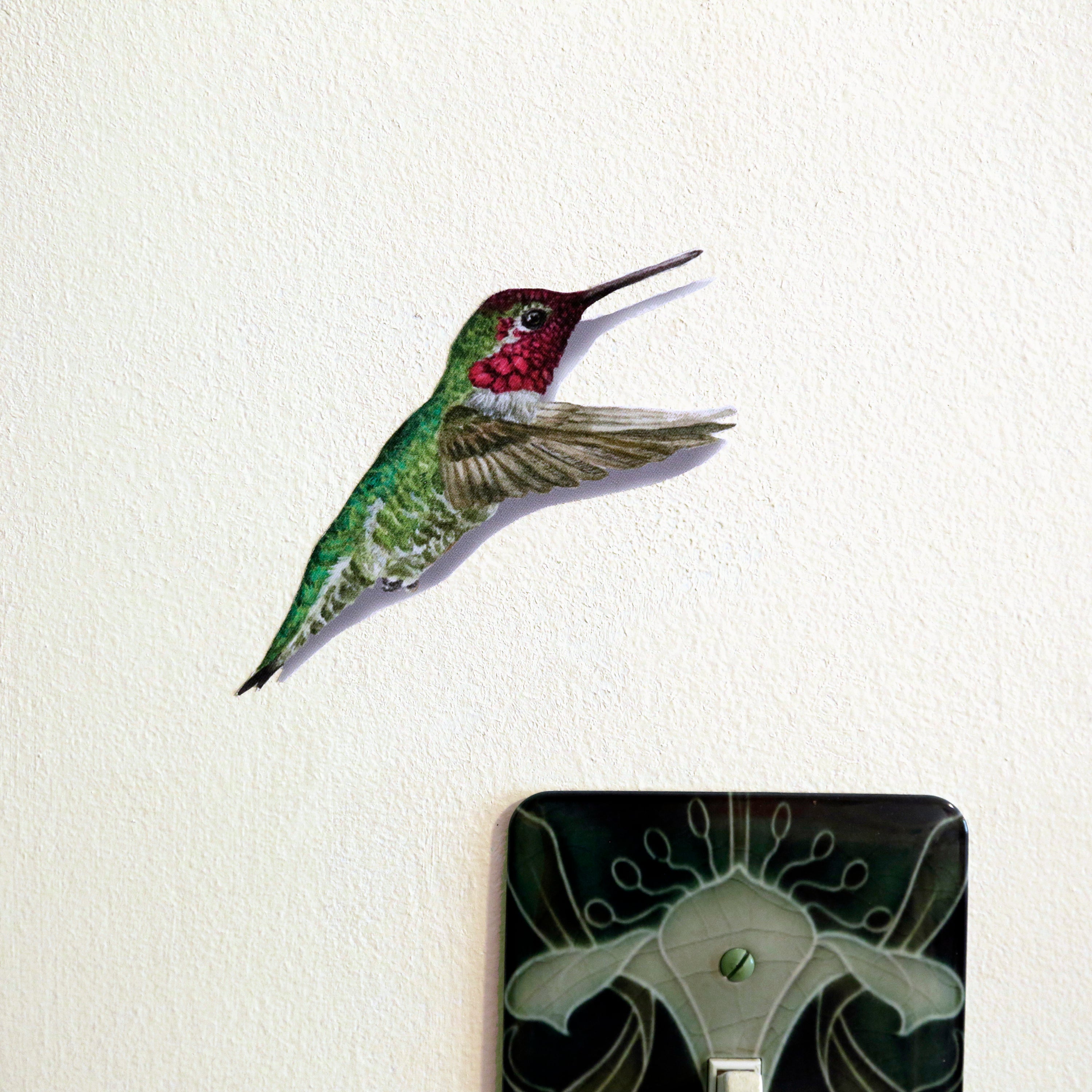 Realistic Anna’s Hummingbird in flight hovering over a light switch.