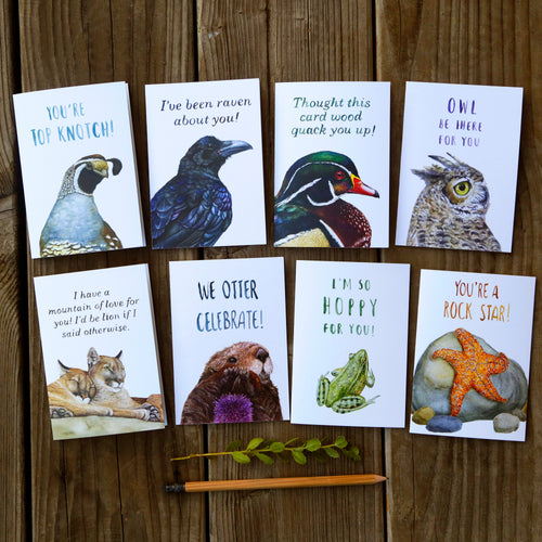 Load image 1 in gallery view. Set of 8 Animal Pun Cards - Mountain Of Love, Wood Quack You, Otter Celebrate, Raven About You, Owl Be There, So Hoppy, Top Knotch, Rock Star