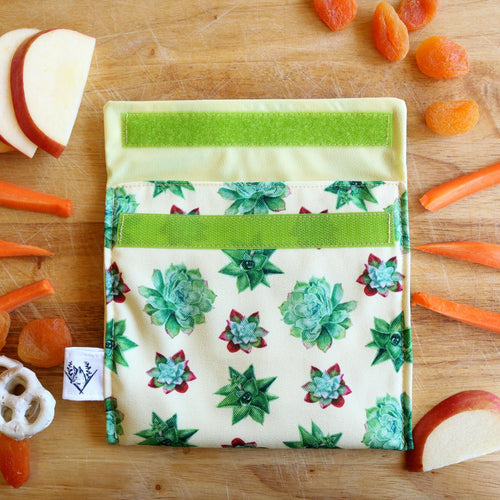 *Seconds Sale* Hook and loop- Reusable Snack Sandwich Bag - Zero Waste - Food Storage Bag - Eco-Friendly - Recycled Plastic Fabric - Succulents Native Plants