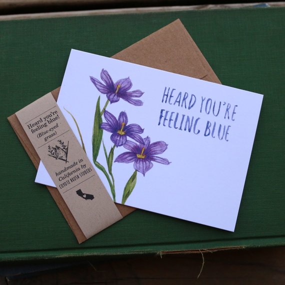 Native California blue eyed grass watercolor greeting get well card