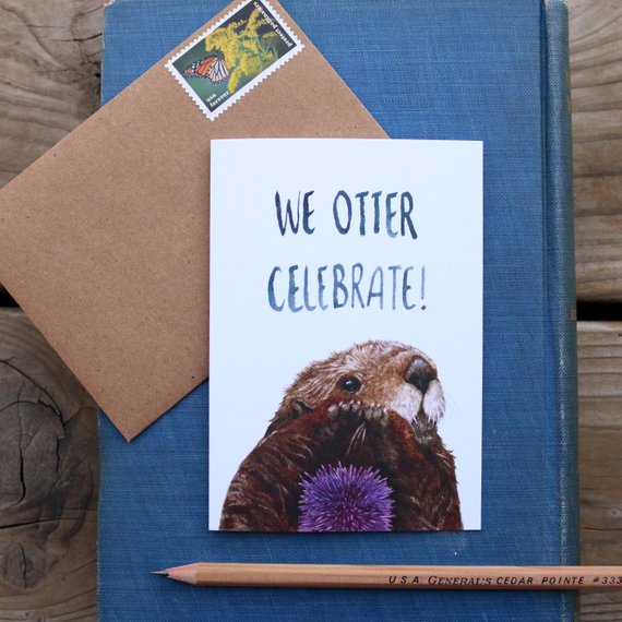 Native California sea otter watercolor greeting card