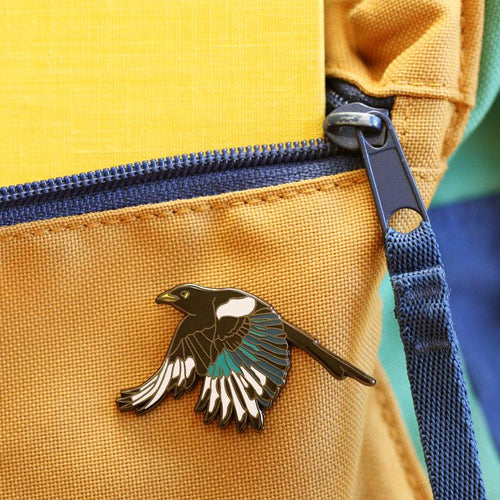 Load image 1 in gallery view. Yellow Billed Magpie Enamel Pin: California Native Bird Pin
