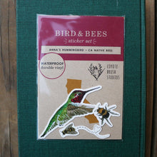 Bird and Bees Sticker Set: Three Vinyl Stickers, Anna's Hummingbird, Native California Bees