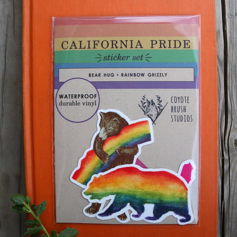 Rainbow LGBTQIA+ CA Pride Vinyl Stickers: Gay Pride Flag Bears