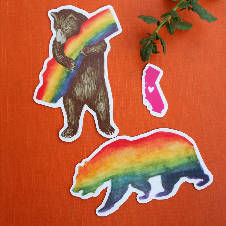 Rainbow LGBTQIA+ CA Pride Vinyl Stickers: Gay Pride Flag Bears