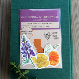 Wildflowers of California Stickers: Three Vinyl Stickers, California Poppy, Silver Lupine, Mariposa Lily