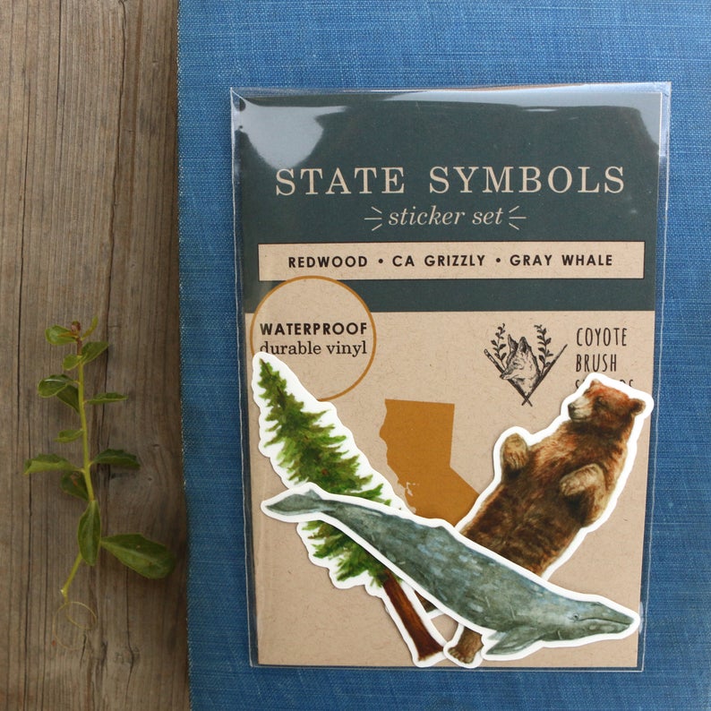 State Symbols Vinyl Stickers: Coastal Redwood, CA Grizzly, Gray Whale