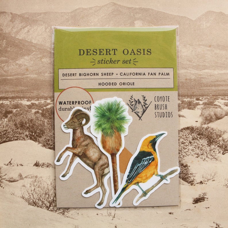Desert Oasis Vinyl Stickers: Desert Bighorn Sheep, California Fan Palm, Hooded Oriole