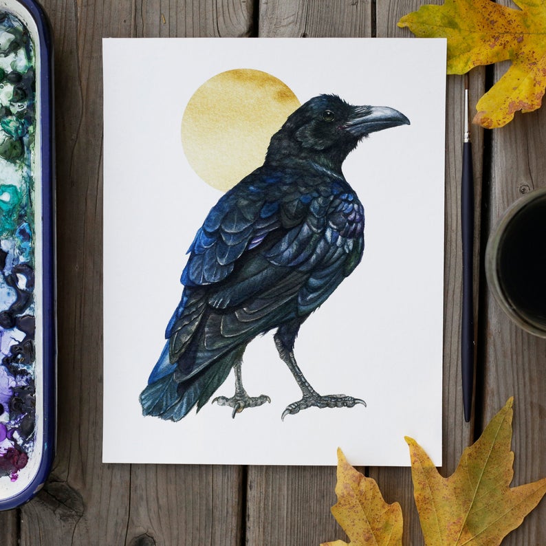 Northern Raven gold circle  watercolor painting art print native California 8x10