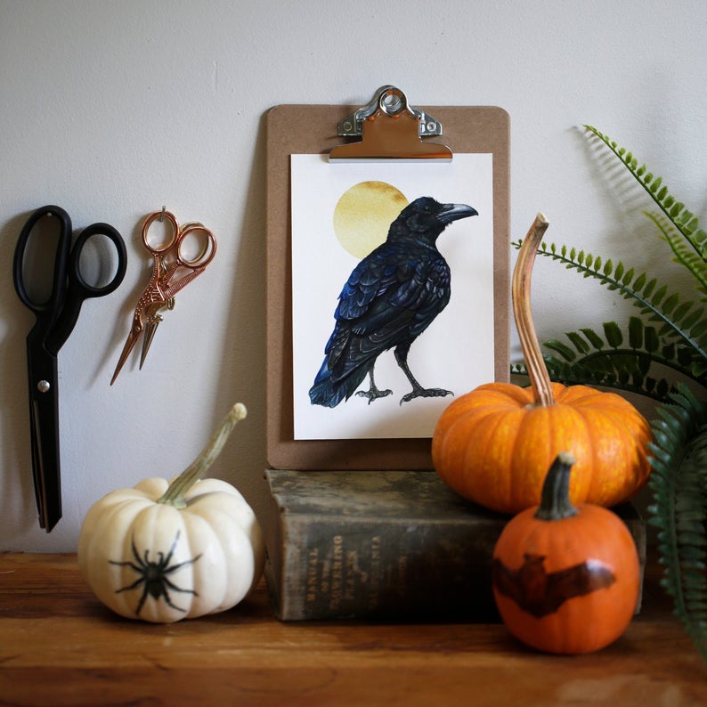 Northern Raven gold circle  watercolor painting art print native California 5x7