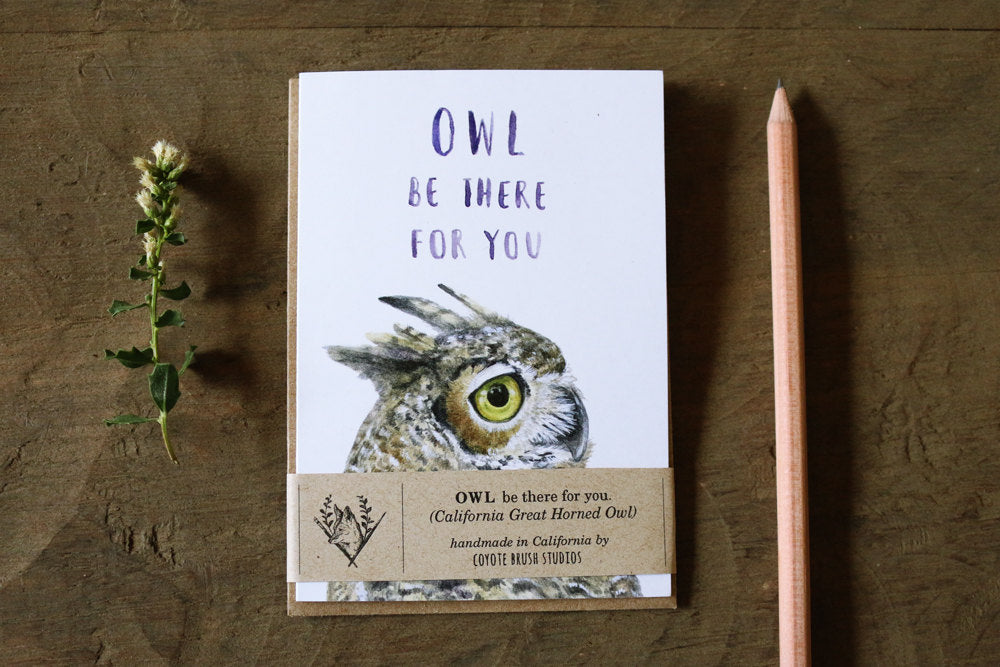 Native California great horned owl watercolor greeting card