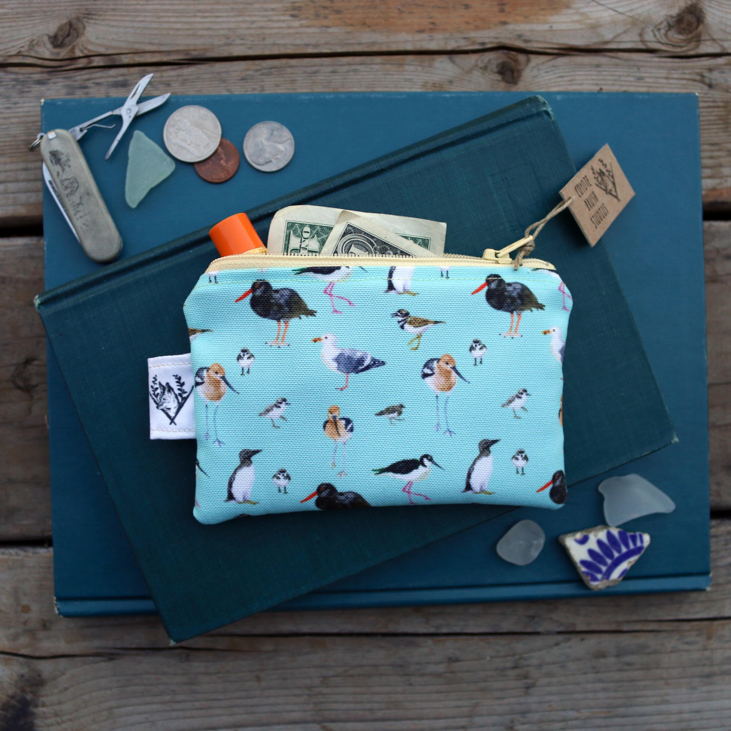 Small Blue Shorebirds and Friends Zipper Pouch - Coin Size Organizer Bag