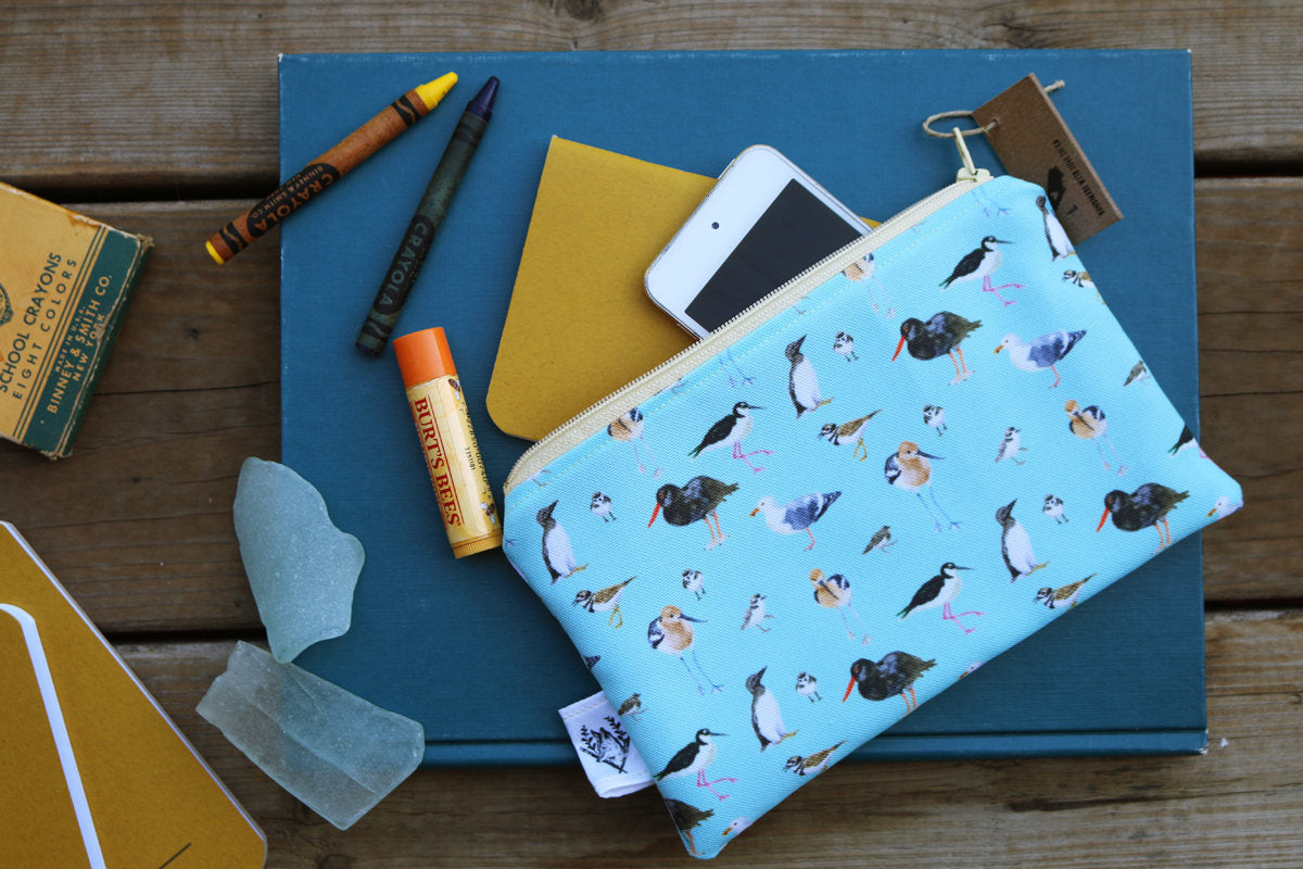 Medium Blue Shorebirds & Friends Zipper Pouch - Travel Organizer Bag, Flat Purse