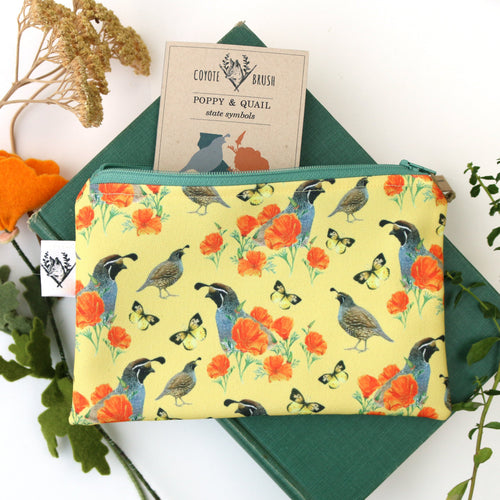 Load image 1 in gallery view. Medium California Poppy & Quail - Travel Organizer Bag, Flat Purse