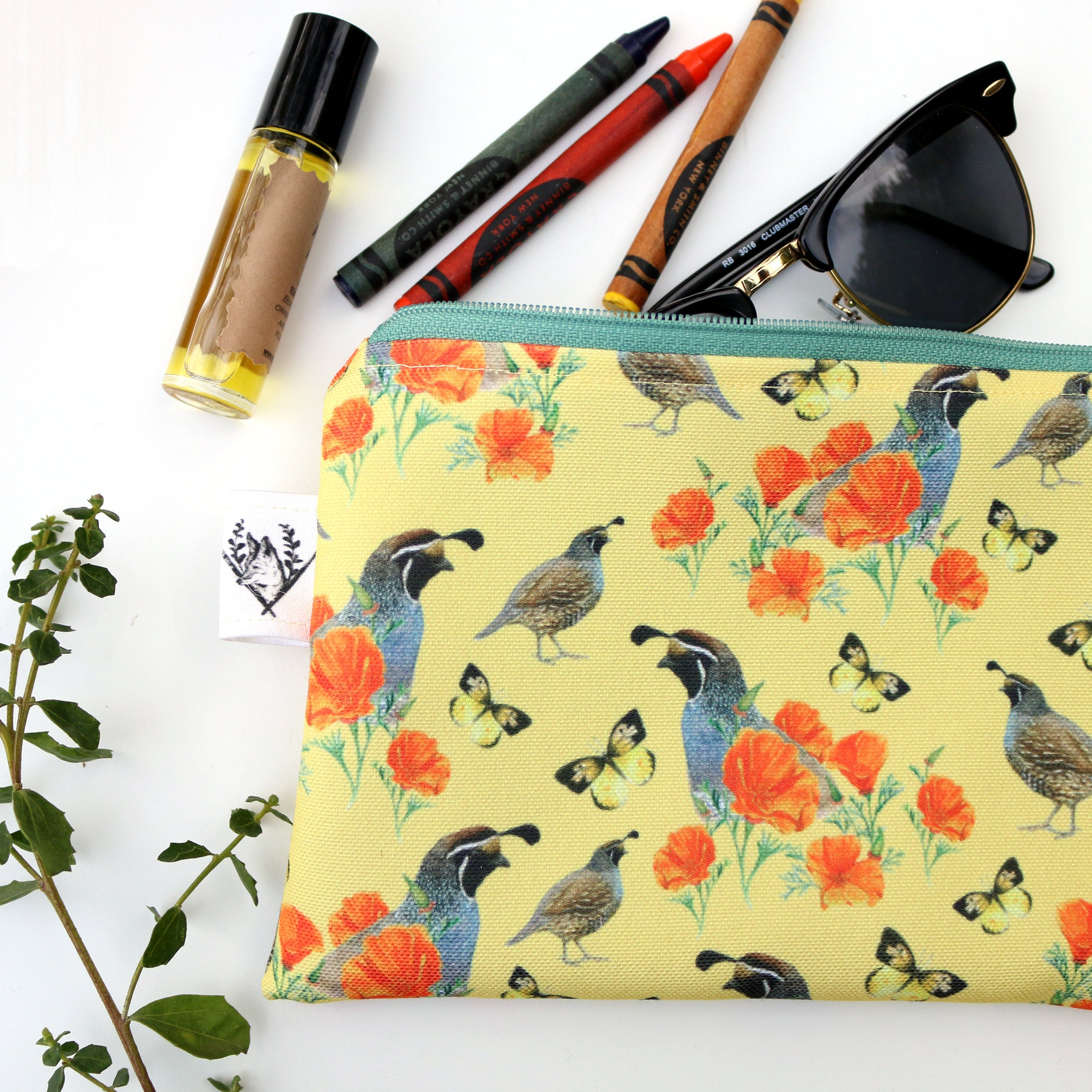 Medium California Poppy & Quail - Travel Organizer Bag, Flat Purse